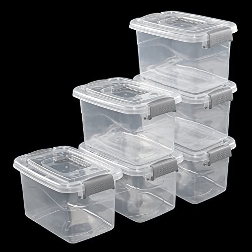 Jandson 5 Quart Clear Storage Bin, Latching Box Container with Grey Handle, 6 Packs
