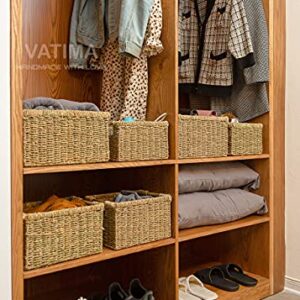 Large Wicker Storage Basket with Wooden Handles, Seagrass Baskets for Shelves, Natural Basket with Handle