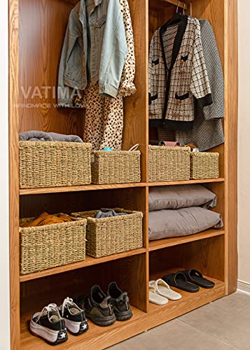 Large Wicker Storage Basket with Wooden Handles, Seagrass Baskets for Shelves, Natural Basket with Handle