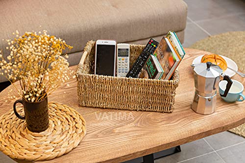 Large Wicker Storage Basket with Wooden Handles, Seagrass Baskets for Shelves, Natural Basket with Handle