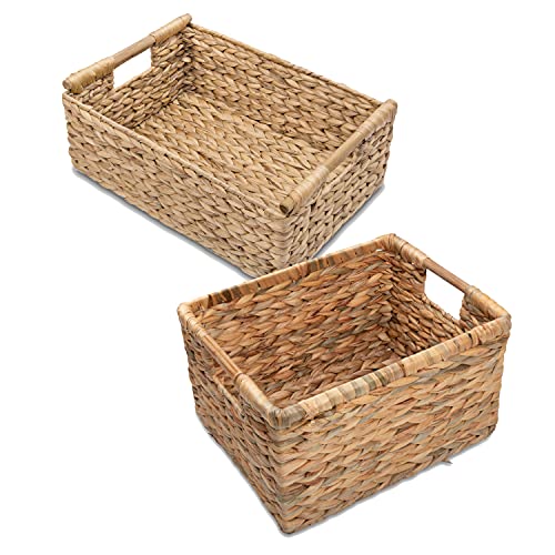 Water Hyacinth Wicker Basket Rectangular with Wooden Handles for Shelves