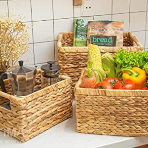 Water Hyacinth Wicker Basket Rectangular with Wooden Handles for Shelves