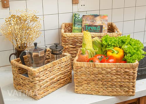 Water Hyacinth Wicker Basket Rectangular with Wooden Handles for Shelves