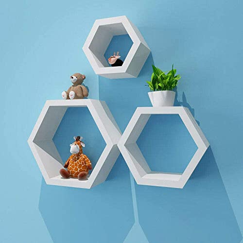 YIYIBYUS Floating Shelves, 3 Pack Wall-Mounted Wooden Storage White Floating Wall Shelves Display Storage Shelf Wall Wood Hexagon Shape Home Decor Hexagon Wooden Wall Shelf Set