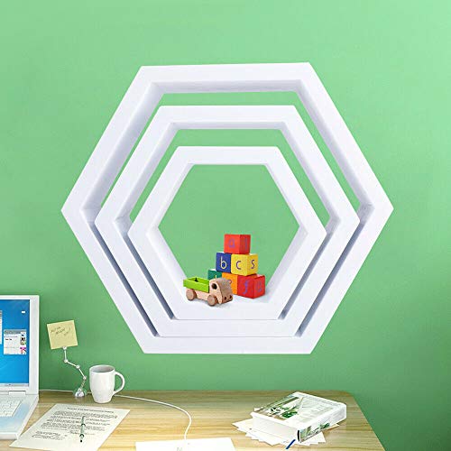 YIYIBYUS Floating Shelves, 3 Pack Wall-Mounted Wooden Storage White Floating Wall Shelves Display Storage Shelf Wall Wood Hexagon Shape Home Decor Hexagon Wooden Wall Shelf Set