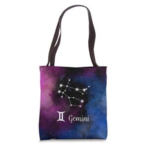 gemini astrology symbol and constellation with nebula tote bag
