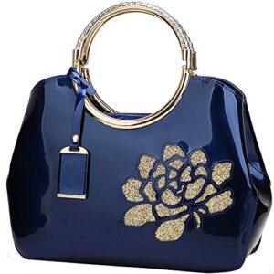 ziming women handbags shiny patent leather&floral embroid top handle handbag purses tote bags satchel shoulder crossbody bag-blue