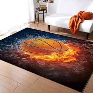 kithome contemporary non-slip area rug cool 3d basketball with flame print printed rugs art carnival rubber backing living room floor mats rectangle area rug carpet for indoor 2’x3′