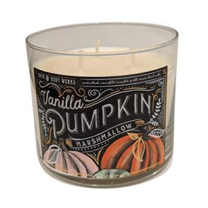 white barn candle company bath and body works 3-wick scented candle w/essential oils – 14.5 oz – vanilla pumpkin marshmallow (tahitian vanilla, pumpkin spice, homemade marshmallow, drizzled caramel)