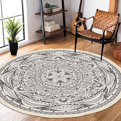 HEBE 6 Ft Round Area Rugs Washable Chic Bohemian Mandala Hand Woven Cotton Round Rug with Tassels Indoor Throw Area Rug Circle Carpet for Living Room Kids Room