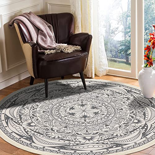 HEBE 6 Ft Round Area Rugs Washable Chic Bohemian Mandala Hand Woven Cotton Round Rug with Tassels Indoor Throw Area Rug Circle Carpet for Living Room Kids Room