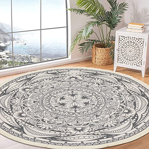 HEBE 6 Ft Round Area Rugs Washable Chic Bohemian Mandala Hand Woven Cotton Round Rug with Tassels Indoor Throw Area Rug Circle Carpet for Living Room Kids Room