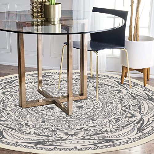 HEBE 6 Ft Round Area Rugs Washable Chic Bohemian Mandala Hand Woven Cotton Round Rug with Tassels Indoor Throw Area Rug Circle Carpet for Living Room Kids Room