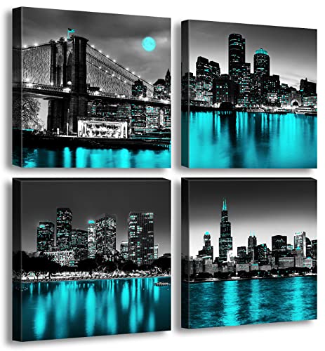 JiazuGo Wall Decorations Chicago Boston Los Angeles Brooklyn Bridge Skyline Canvas Art Black White USA New York City Pictures Teal Turquoise Lake Water Building Cityscape Home Living Room Office