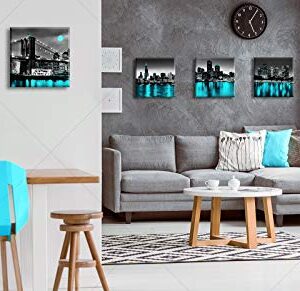 JiazuGo Wall Decorations Chicago Boston Los Angeles Brooklyn Bridge Skyline Canvas Art Black White USA New York City Pictures Teal Turquoise Lake Water Building Cityscape Home Living Room Office