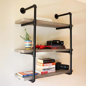 sunnydaze 3-tier wall-mount bookshelf – industrial pipe style frame with veneer floating shelves – holds books, media, storage cubes, dvds and more – oak gray