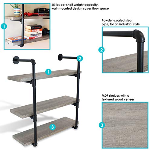 Sunnydaze 3-Tier Wall-Mount Bookshelf - Industrial Pipe Style Frame with Veneer Floating Shelves - Holds Books, Media, Storage Cubes, DVDs and More - Oak Gray