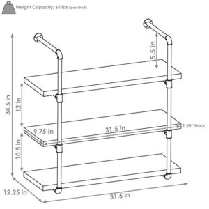 Sunnydaze 3-Tier Wall-Mount Bookshelf - Industrial Pipe Style Frame with Veneer Floating Shelves - Holds Books, Media, Storage Cubes, DVDs and More - Oak Gray