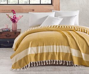 aegean concept – 100% organic cotton turkish throw blanket ; 90″ x 63″ (230 cm x 160 cm) twin size modern boho rustic bedspread for chair, bed or couch | indoor or outdoor cozy hand woven-yellow