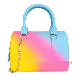 rainbow jelly bag,bright mini satchel crossbody shoulder bag candy color handbag graffiti purse for women and girls (yellow+red+blue)