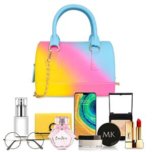 Rainbow Jelly Bag,Bright Mini Satchel Crossbody Shoulder Bag Candy Color Handbag Graffiti Purse for Women and Girls (Yellow+Red+Blue)