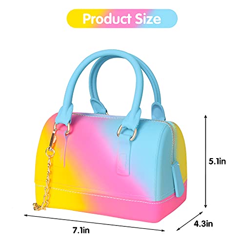 Rainbow Jelly Bag,Bright Mini Satchel Crossbody Shoulder Bag Candy Color Handbag Graffiti Purse for Women and Girls (Yellow+Red+Blue)