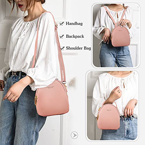 PORRASSO Mini Backpack Women Fashion Handbag Girl Waterproof Cross-body Bag with Earphone Hole Ladies Leather Daypack Dating Travel Small Rucksack Lotus Pink