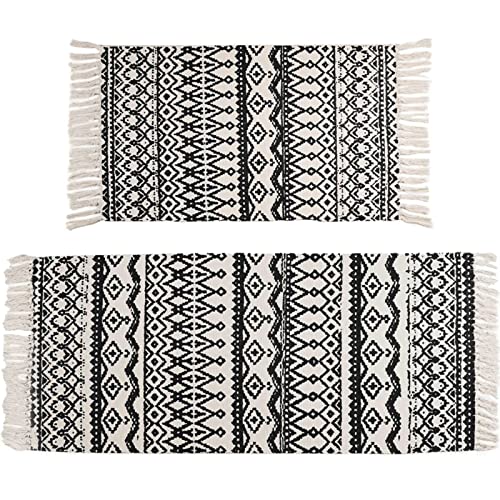 Nicunom 2 Piece Boho Bathroom Rug, 2'x4.2'+2'x3' Geometric Bath Mat, Woven Cotton Rug with Tassels Farmhouse Runner Rugs Machine Washable Boho Carpet for Living Room Kitchen Floor Laundry Room