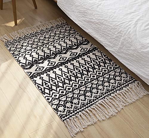 Nicunom 2 Piece Boho Bathroom Rug, 2'x4.2'+2'x3' Geometric Bath Mat, Woven Cotton Rug with Tassels Farmhouse Runner Rugs Machine Washable Boho Carpet for Living Room Kitchen Floor Laundry Room