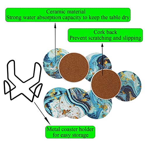 Memeyou Funny Marble Coasters Set Drinks Ocean Cute Round Absorbent Ceramic Stone Holder Colorful Heavy Cork Base Coffee Wooden Table Desk Protection Housewarming Gifts Teal Gold