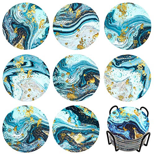 Memeyou Funny Marble Coasters Set Drinks Ocean Cute Round Absorbent Ceramic Stone Holder Colorful Heavy Cork Base Coffee Wooden Table Desk Protection Housewarming Gifts Teal Gold