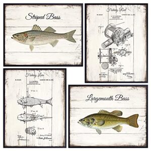 freshwater fishing patent print set- vintage rustic bass, reel, lure sign style wall art, home decor, room decoration picture photos – lake or river fish posters – gift for fisherman, angler 8×10