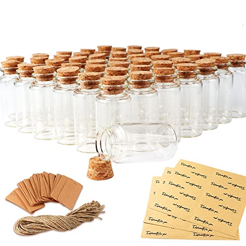 OurWarm 48pcs 25ml Glass Bottles with Cork Stoppers, Mini Small Glass Bottles, Clear Vials Glass Favor Jars with Tags and Strings for Wedding Favors DIY Crafts Baby Shower Birthday Home Decorations