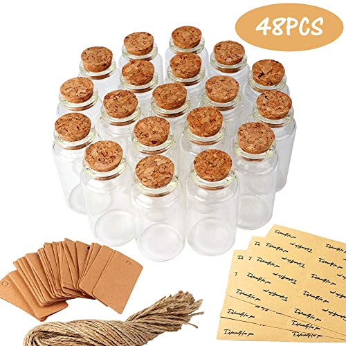 OurWarm 48pcs 25ml Glass Bottles with Cork Stoppers, Mini Small Glass Bottles, Clear Vials Glass Favor Jars with Tags and Strings for Wedding Favors DIY Crafts Baby Shower Birthday Home Decorations