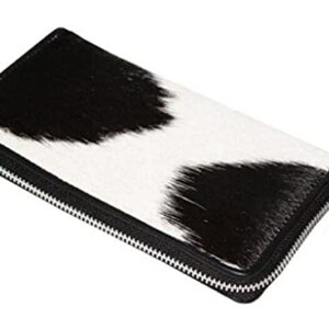 Womens Zipper Wristlet Clutch - Black White Cow Hide Cow Skin Leather Hand Clutch Zip Phone Wallet Clutch Card Case 8' X 4' - Gift for her
