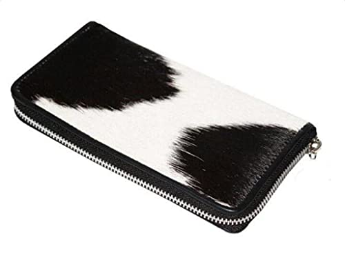 Womens Zipper Wristlet Clutch - Black White Cow Hide Cow Skin Leather Hand Clutch Zip Phone Wallet Clutch Card Case 8' X 4' - Gift for her