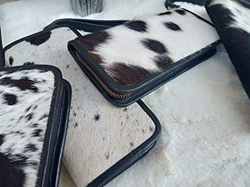 Womens Zipper Wristlet Clutch - Black White Cow Hide Cow Skin Leather Hand Clutch Zip Phone Wallet Clutch Card Case 8' X 4' - Gift for her