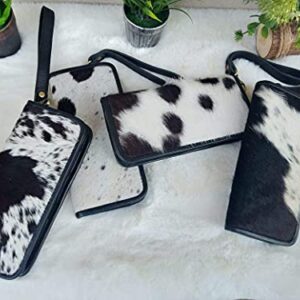 Womens Zipper Wristlet Clutch - Black White Cow Hide Cow Skin Leather Hand Clutch Zip Phone Wallet Clutch Card Case 8' X 4' - Gift for her