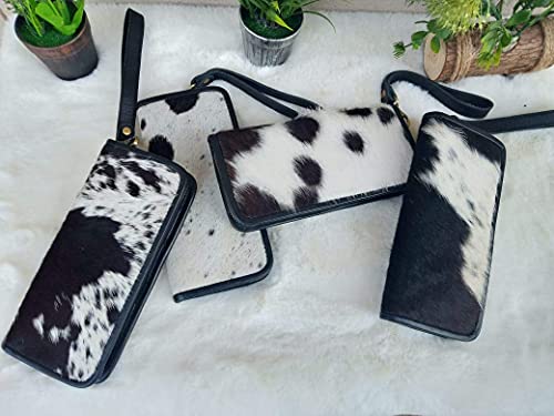 Womens Zipper Wristlet Clutch - Black White Cow Hide Cow Skin Leather Hand Clutch Zip Phone Wallet Clutch Card Case 8' X 4' - Gift for her