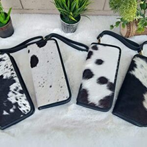 Womens Zipper Wristlet Clutch - Black White Cow Hide Cow Skin Leather Hand Clutch Zip Phone Wallet Clutch Card Case 8' X 4' - Gift for her