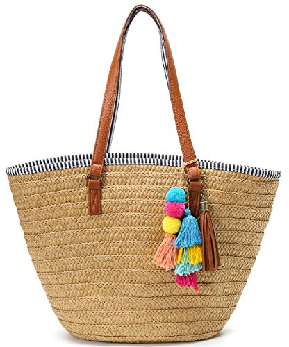 Straw Beach Bags Tote Tassels Bag Hobo Summer Handwoven Shoulder Bags Purse With Pom Poms