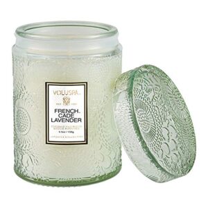 voluspa french cade lavender candle | small glass jar | 5.5 oz. | 50 hr. burn time | proprietary coconut wax blend + 100% all natural wicks for a cleaner burn | vegan