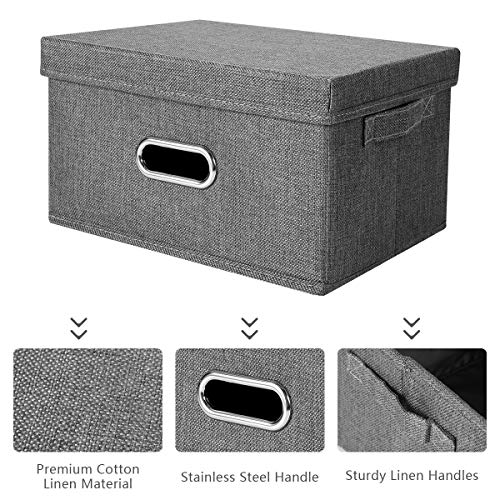 ANMINY Storage Box with Handles Removable Lids PP Plastic Board Foldable Lidded Cotton Linen Home Storage Cubes Bins Baskets Closet Clothes Toys Organizer Containers - Gray, Small Size