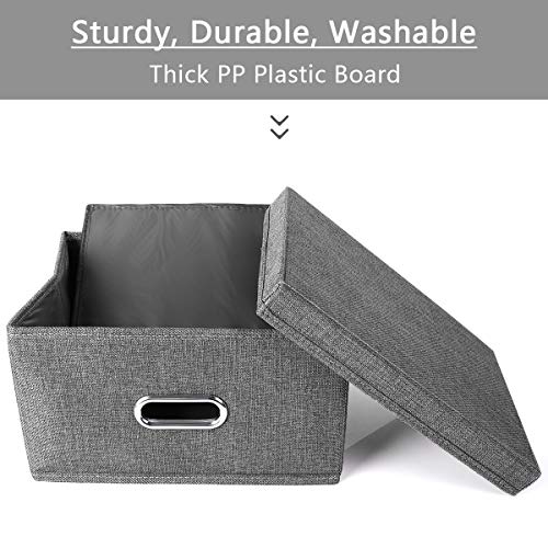 ANMINY Storage Box with Handles Removable Lids PP Plastic Board Foldable Lidded Cotton Linen Home Storage Cubes Bins Baskets Closet Clothes Toys Organizer Containers - Gray, Small Size