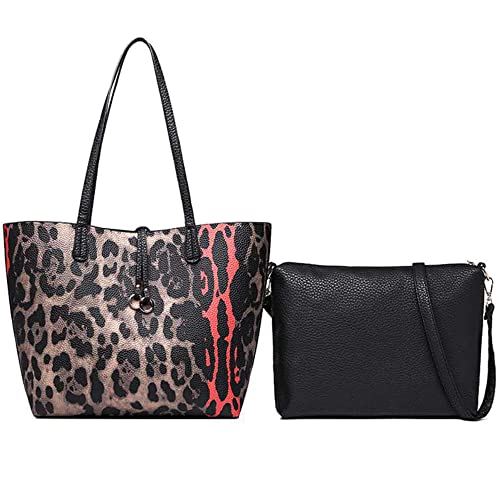 Cayla 2Pcs Tote Bag Handbags for Women PU Leather Shoulder Bag Leopard Print Purses Crossbody Bag Satchel Wallet Casual Bags-Black