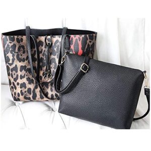 Cayla 2Pcs Tote Bag Handbags for Women PU Leather Shoulder Bag Leopard Print Purses Crossbody Bag Satchel Wallet Casual Bags-Black