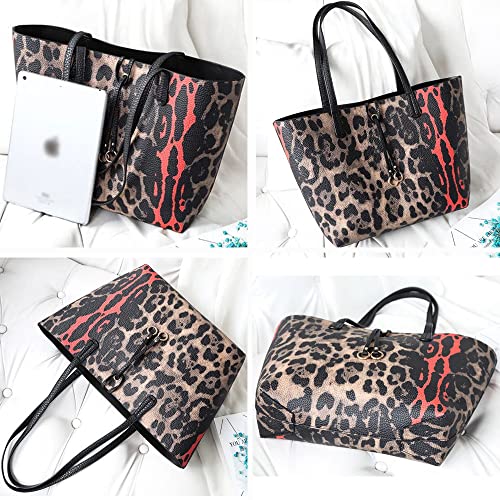 Cayla 2Pcs Tote Bag Handbags for Women PU Leather Shoulder Bag Leopard Print Purses Crossbody Bag Satchel Wallet Casual Bags-Black