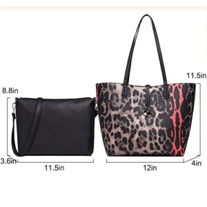 Cayla 2Pcs Tote Bag Handbags for Women PU Leather Shoulder Bag Leopard Print Purses Crossbody Bag Satchel Wallet Casual Bags-Black