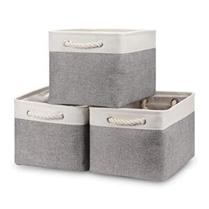 bidtakay baskets set of 3 storage baskets for organizing large fabric storage bins for shelves decorative canvas bins collapsible empty baskets for closet,nursery,clothes,toys,shoes, 15 x 11 x 9.5 inches (white&grey)