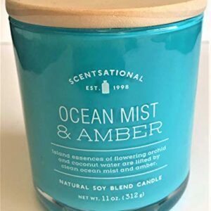 Natural Soy Wax Blend Scented Candle Ocean-Mist + Amber Glossy Teal Glass Jar, 11 Oz.